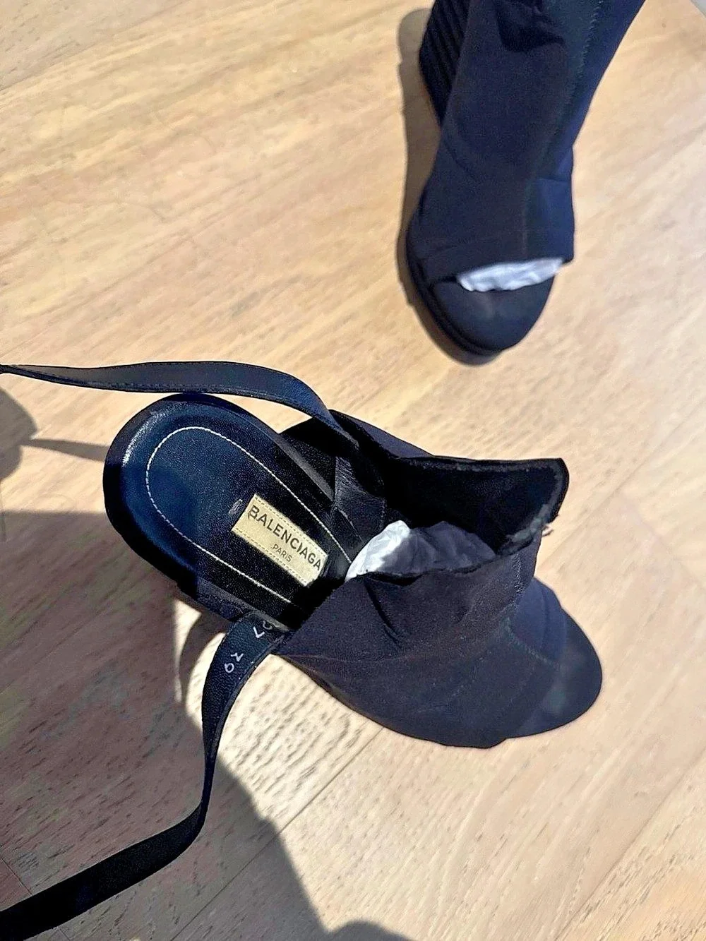 Balenciaga Neoprene Black Open-Toe Wedge Booties